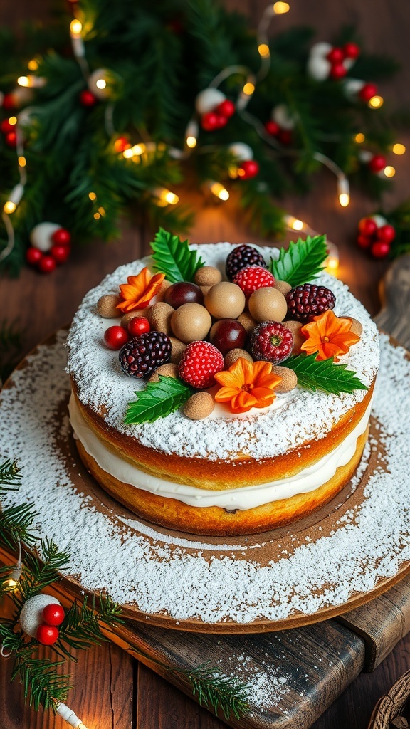 A festive Christmas cake decorated with fruits and nuts, dusted with powdered sugar, on a wooden table with holiday decorations.
